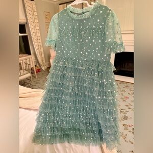 Mini Boden Girls Tulle Ruffle Dress Silver Stars. Excellent Condition. Youth 7-8